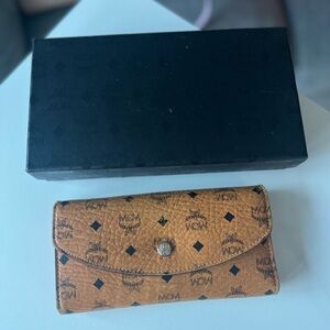 MCM Cognac Visetos Logo Continental Wallet with Black Accents